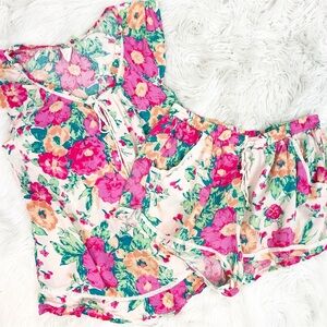 ELOISE ANTHROPOLOGIE PINK GREEN FLORAL SHORT PAJAMA LOUNGE SET SZ XS